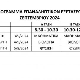 ΠΡΟΓΡΑΜΜΑ ΕΠΑΝΑΛΗΠΤΙΚΩΝ ΕΞΕΤΑΣΕΩΝ ΣΕΠΤΕΜΒΡΙΟΣ 2024